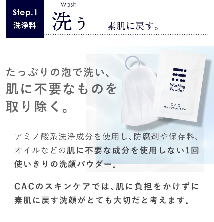 Step.1 洗浄料 洗う 素肌に戻す。 たっぷりの泡で洗い、肌に不要なものを取り除く。