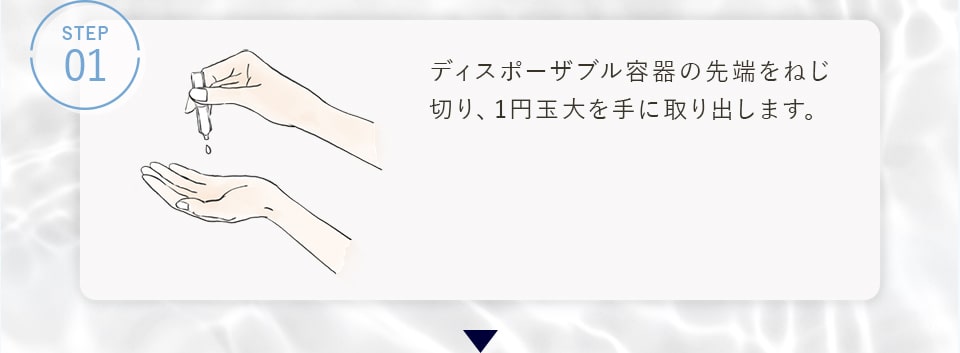 STEP01 ディスポーザブル容器の先端をねじ切り、1円玉大を手に取り出します。