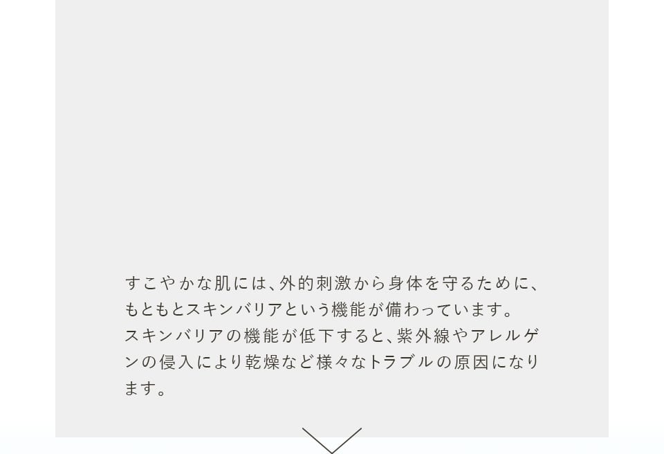 すこやかな肌には、外的刺激から身体を守るために、もともとスキンバリアという機能が備わっています。スキンバリアの機能が低下すると、紫外線やアレルゲンの侵入により乾燥など様々なトラブルの原因になります。