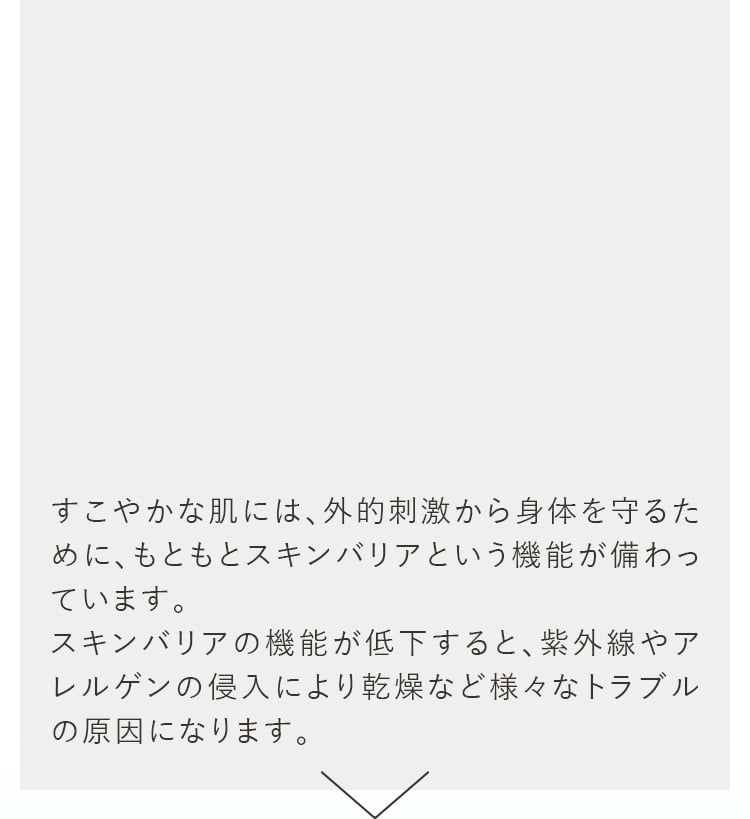 すこやかな肌には、外的刺激から身体を守るために、もともとスキンバリアという機能が備わっています。スキンバリアの機能が低下すると、紫外線やアレルゲンの侵入により乾燥など様々なトラブルの原因になります。