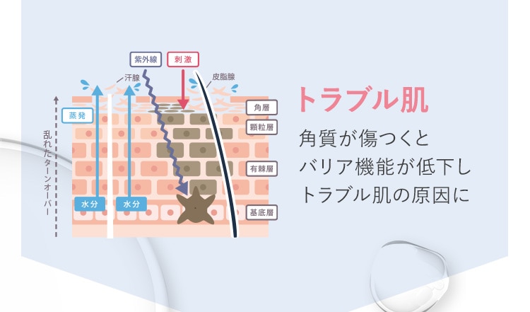 トラブル肌 角質が傷つくとバリア機能が低下しトラブル肌の原因に