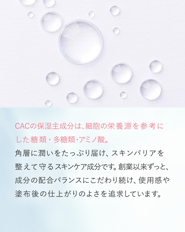 CACの保湿主成分は、細胞の栄養源を参考にした糖類・多糖類・アミノ酸。角層に潤いをたっぷり届け、スキンバリアを整えて守るスキンケア成分です。創業以来ずっと、成分の配合バランスにこだわり続け、使用感や塗布後の仕上がりのよさを追求しています。