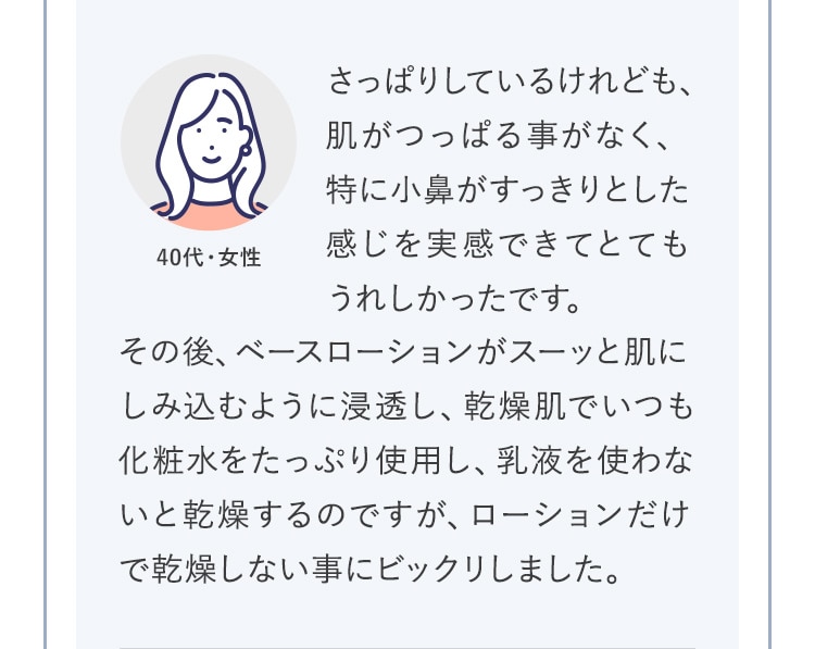 さっぱりしているけれども、肌がつっぱる事がなく、特に小鼻がすっきりとした
感じを実感できてとてもうれしかったです。その後、ベースローションがスーッと肌にしみ込むように浸透し、乾燥肌でいつも化粧水をたっぷり使用し、乳液を使わないと乾燥するのですが、ローションだけで乾燥しない事にビックリしました。