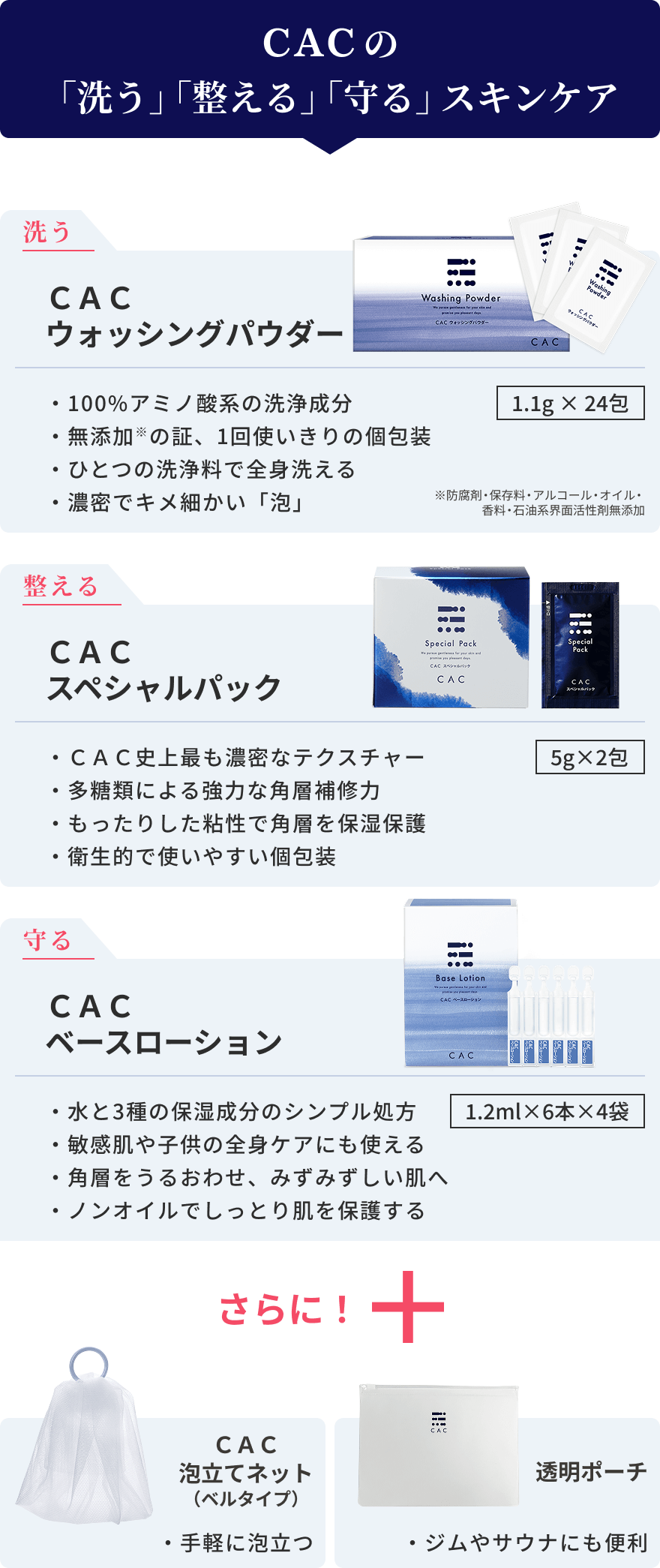 CACの「洗う」「整える」「守る」スキンケア