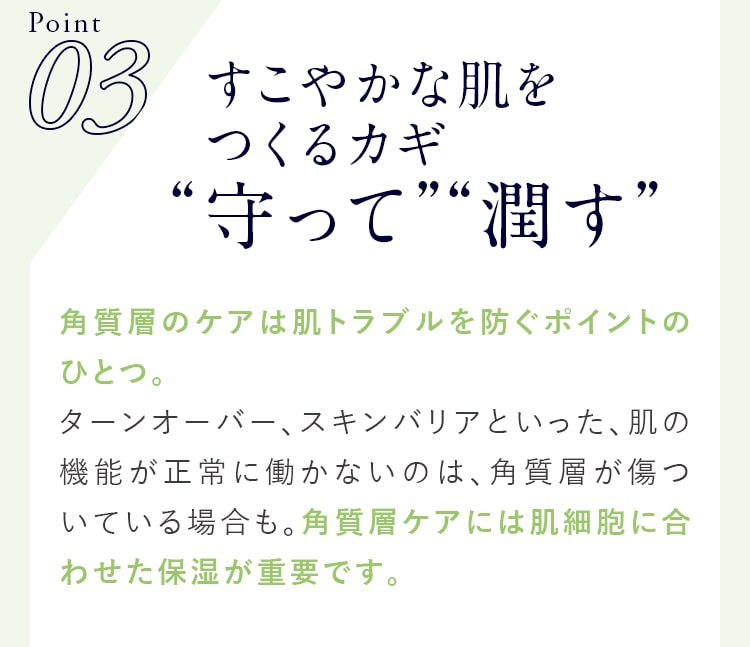 Point03 すこやかな肌をつくるカギ“守って”“潤す”