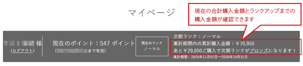 マイページでの購入金額確認箇所